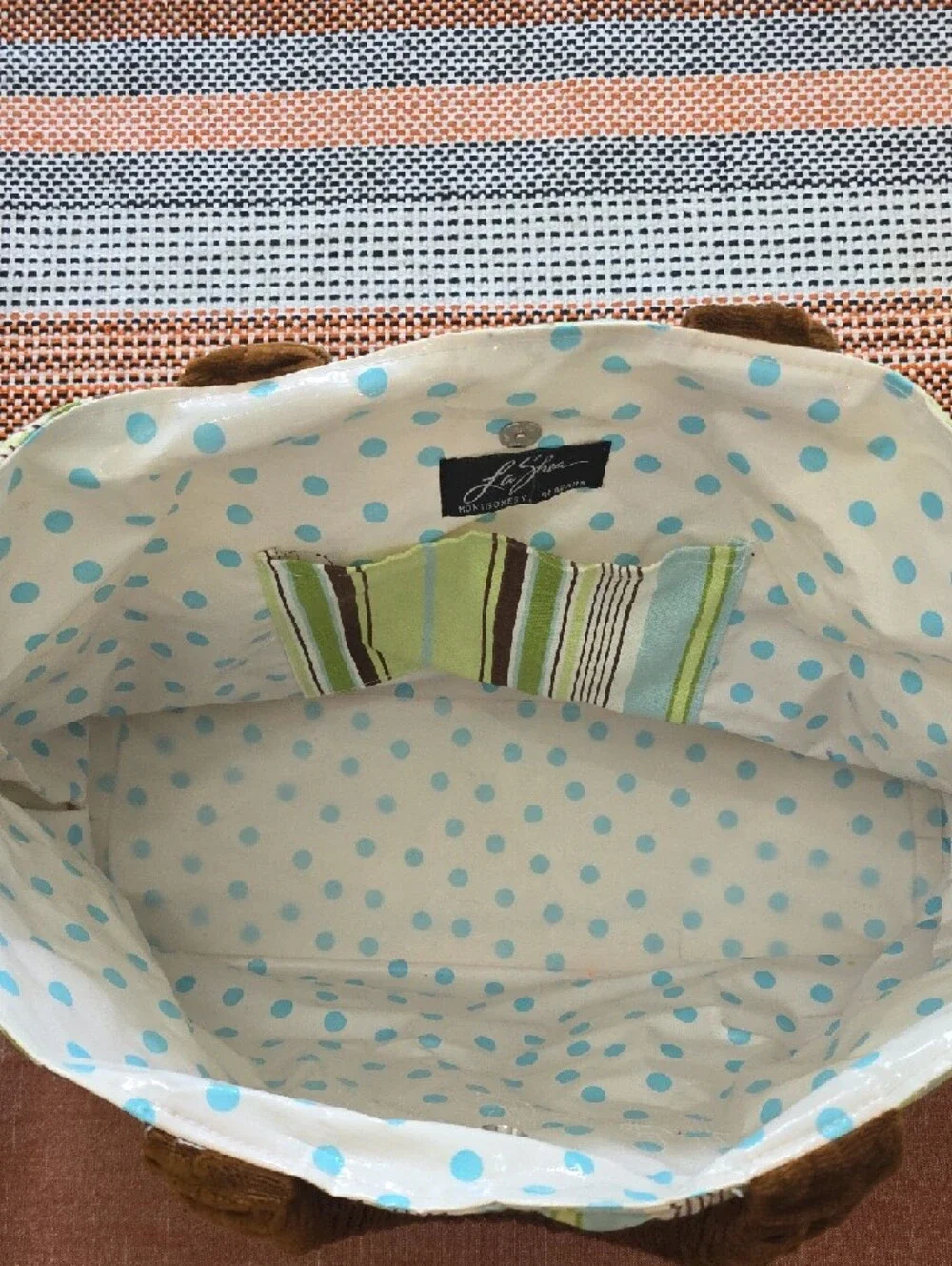 Striped Green and Brown Baby Bag with Blue Accents